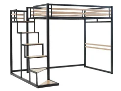 Cama Alta 140 X 200 Cm Metal E Mdf Preto E Natural + Colchão - Jogui
