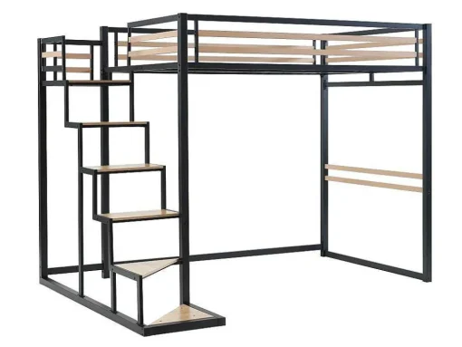 Cama Alta 140 X 200 Cm Metal E Mdf Preto E Natural + Colchão - Jogui