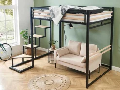 Cama Alta 140 X 200 Cm Metal E Mdf Preto E Natural + Colchão - Jogui