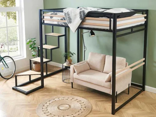 Cama Alta 140 X 200 Cm Metal E Mdf Preto E Natural + Colchão - Jogui