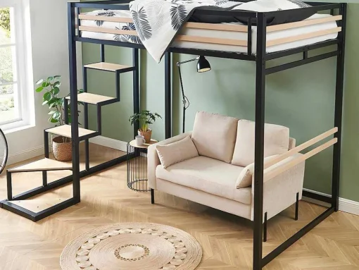 Cama Alta 140 X 200 Cm Metal E Mdf Preto E Natural + Colchão - Jogui