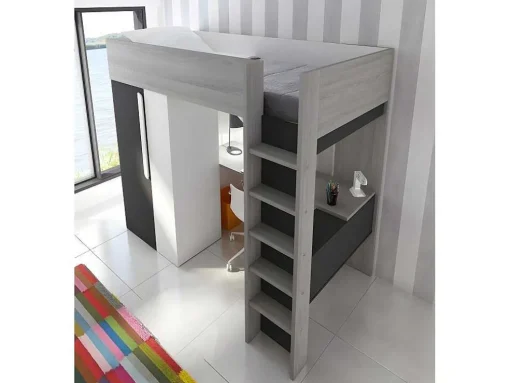 Cama Alta De 90 X 200 Cm Com Armário E Secretária Em Antracite E Branco - Nicolas
