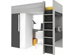 Cama Alta De 90 X 200 Cm Com Armário E Secretária Em Antracite E Branco - Nicolas