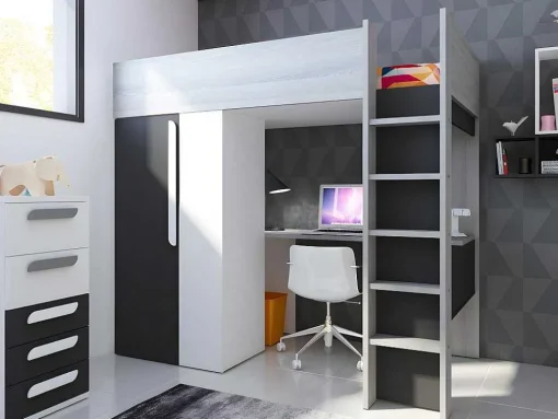 Cama Alta De 90 X 200 Cm Com Armário E Secretária Em Antracite E Branco - Nicolas