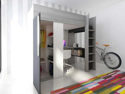 Cama Alta De 90 X 200 Cm Com Armário E Secretária Em Antracite E Branco - Nicolas