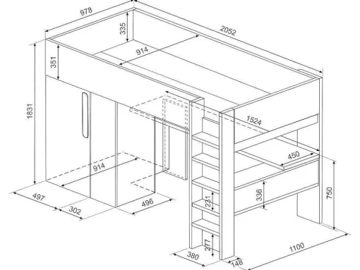 Cama Alta De 90 X 200 Cm Com Armário E Secretária Em Antracite E Branco - Nicolas