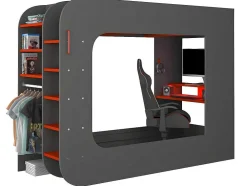 Cama Alta Gamer 90 X 200 Cm Com Secretária, Espacos De Arrumação E Leds Cor Antracite E Vermelho + Colchão - Warrior