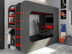 Cama Alta Gamer 90 X 200 Cm Com Secretária, Espacos De Arrumação E Leds Cor Antracite E Vermelho + Colchão - Warrior