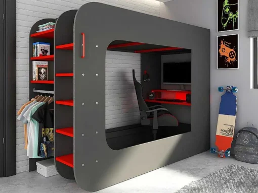 Cama Alta Gamer 90 X 200 Cm Com Secretária, Espacos De Arrumação E Leds Cor Antracite E Vermelho + Colchão - Warrior
