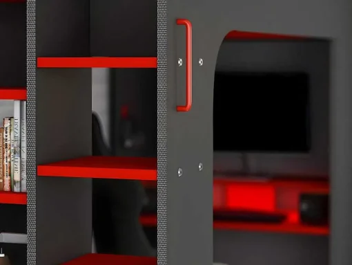 Cama Alta Gamer 90 X 200 Cm Com Secretária, Espacos De Arrumação E Leds Cor Antracite E Vermelho + Colchão - Warrior