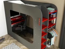 Cama Alta Gamer 90 X 200 Cm Com Secretária, Espacos De Arrumação E Leds Cor Antracite E Vermelho + Colchão - Warrior
