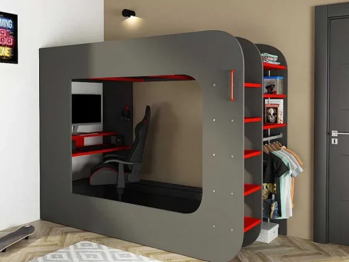 Cama Alta Gamer 90 X 200 Cm Com Secretária, Espacos De Arrumação E Leds Cor Antracite E Vermelho + Colchão - Warrior