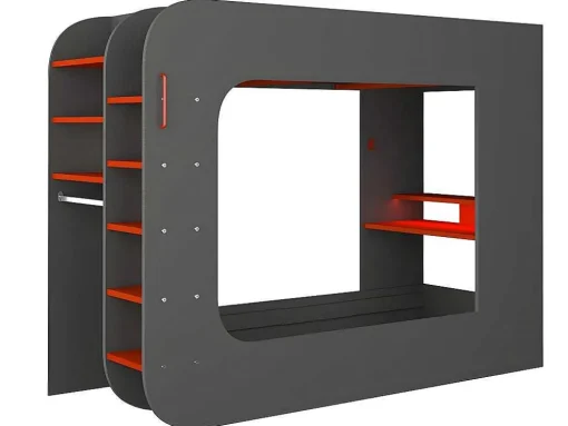 Cama Alta Gamer 90 X 200 Cm Com Secretária, Espacos De Arrumação E Leds Cor Antracite E Vermelho + Colchão - Warrior