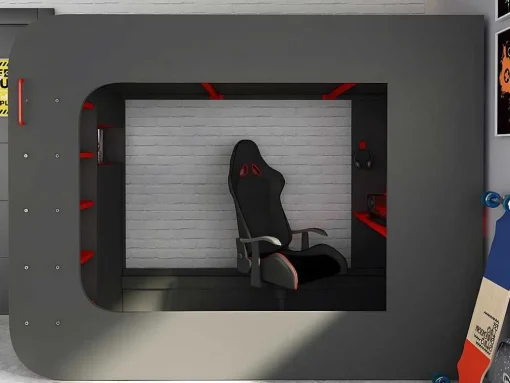 Cama Alta Gamer 90 X 200 Cm Com Secretária, Espacos De Arrumação E Leds Cor Antracite E Vermelho + Colchão - Warrior