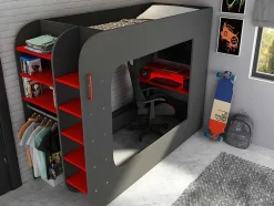 Cama Alta Gamer 90 X 200 Cm Com Secretária, Espacos De Arrumação E Leds Cor Antracite E Vermelho + Colchão - Warrior