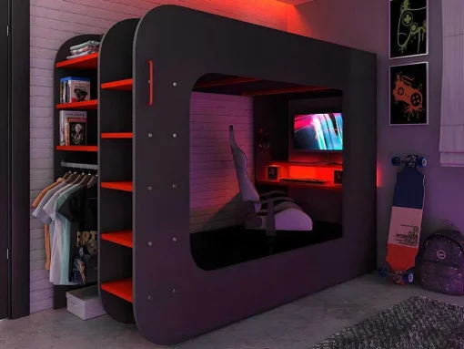 Cama Alta Gamer 90 X 200 Cm Com Secretária, Espacos De Arrumação E Leds Cor Antracite E Vermelho + Colchão - Warrior
