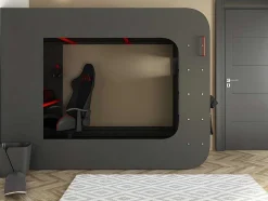 Cama Alta Gamer 90 X 200 Cm Com Secretária, Espacos De Arrumação E Leds Cor Antracite E Vermelho + Colchão - Warrior