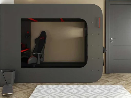 Cama Alta Gamer 90 X 200 Cm Com Secretária, Espacos De Arrumação E Leds Cor Antracite E Vermelho + Colchão - Warrior