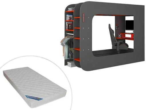 Cama Alta Gamer 90 X 200 Cm Com Secretária, Espacos De Arrumação E Leds Cor Antracite E Vermelho + Colchão - Warrior
