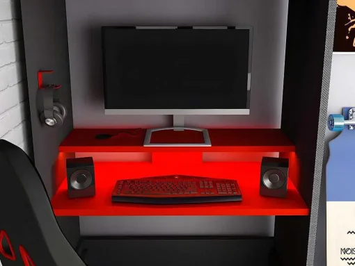 Cama Alta Gamer 90 X 200 Cm Com Secretária, Espacos De Arrumação E Leds Cor Antracite E Vermelho + Colchão - Warrior