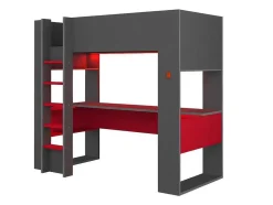 Cama Alta Gamer Com Secretária E Espacos De Arrumação Integrados De 90 X 200 Cm Com Leds Cor Antracite E Vermelho + Colchão - Noah