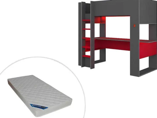 Cama Alta Gamer Com Secretária E Espacos De Arrumação Integrados De 90 X 200 Cm Com Leds Cor Antracite E Vermelho + Colchão - Noah