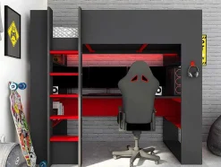 Cama Alta Gamer Com Secretária E Espacos De Arrumação Integrados De 90 X 200 Cm Com Leds Cor Antracite E Vermelho + Colchão - Noah