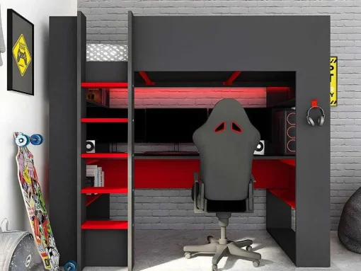 Cama Alta Gamer Com Secretária E Espacos De Arrumação Integrados De 90 X 200 Cm Com Leds Cor Antracite E Vermelho + Colchão - Noah