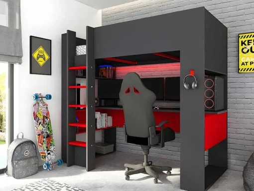 Cama Alta Gamer Com Secretária E Espacos De Arrumação Integrados De 90 X 200 Cm Com Leds Cor Antracite E Vermelho + Colchão - Noah