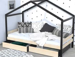 Cama Cabana Com 2 Gavetas De 90 X 190 Cm Em Epicea Macica Cor Natural E Preto - Elfia