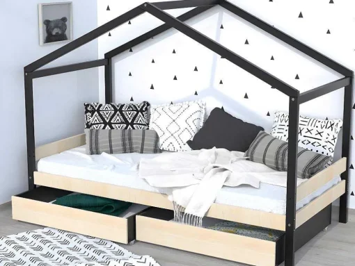 Cama Cabana Com 2 Gavetas De 90 X 190 Cm Em Epicea Macica Cor Natural E Preto - Elfia