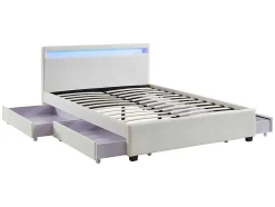 Cama Com Arrumação De 140X190Cm Em Pele Sintética Branca Com Leds - Alois