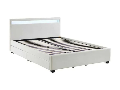 Cama Com Arrumação De 140X190Cm Em Pele Sintética Branca Com Leds - Alois