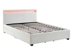 Cama Com Arrumação De 140X190Cm Em Pele Sintética Branca Com Leds - Alois
