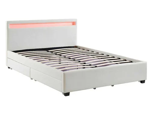 Cama Com Arrumação De 140X190Cm Em Pele Sintética Branca Com Leds - Alois