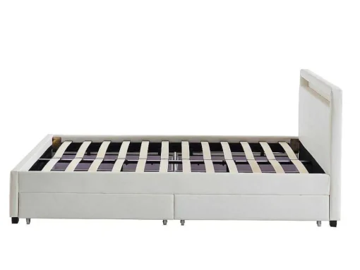 Cama Com Arrumação De 140X190Cm Em Pele Sintética Branca Com Leds - Alois