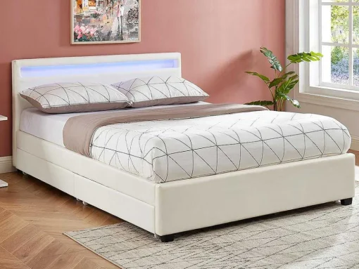 Cama Com Arrumação De 140X190Cm Em Pele Sintética Branca Com Leds - Alois