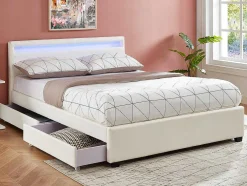 Cama Com Arrumação De 140X190Cm Em Pele Sintética Branca Com Leds - Alois