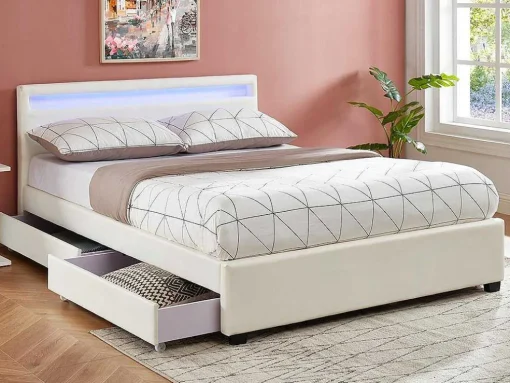 Cama Com Arrumação De 140X190Cm Em Pele Sintética Branca Com Leds - Alois