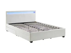 Cama Com Arrumação De 140X190Cm Em Pele Sintética Branca Com Leds - Alois
