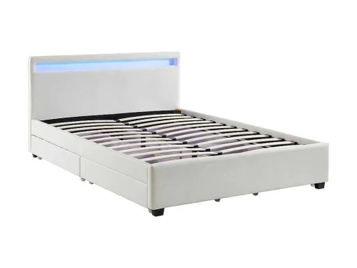 Cama Com Arrumação De 140X190Cm Em Pele Sintética Branca Com Leds - Alois