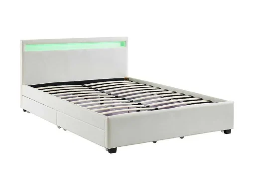 Cama Com Arrumação De 140X190Cm Em Pele Sintética Branca Com Leds - Alois