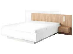 Cama Com Arrumação E Mesas De Cabeceira 160 X 200 Cm, 2 Gavetas, Com Leds, Branco E Natural + Colchão - Francoli