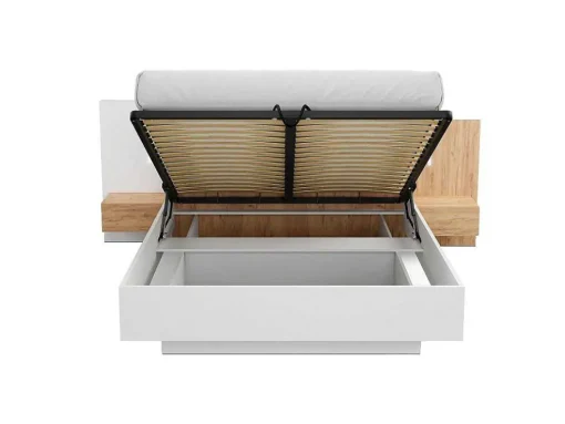 Cama Com Arrumação E Mesas De Cabeceira 160 X 200 Cm, 2 Gavetas, Com Leds, Branco E Natural + Colchão - Francoli