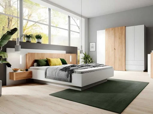 Cama Com Arrumação E Mesas De Cabeceira 160 X 200 Cm, 2 Gavetas, Com Leds, Branco E Natural + Colchão - Francoli