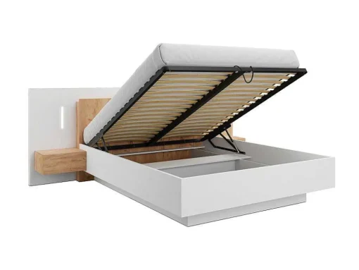 Cama Com Arrumação E Mesas De Cabeceira 160 X 200 Cm, 2 Gavetas, Com Leds, Branco E Natural + Colchão - Francoli