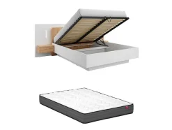 Cama Com Arrumação E Mesas De Cabeceira 160 X 200 Cm, 2 Gavetas, Com Leds, Branco E Natural + Colchão - Francoli
