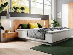 Cama Com Arrumação E Mesas De Cabeceira 160 X 200 Cm, 2 Gavetas, Com Leds, Branco E Natural + Colchão - Francoli