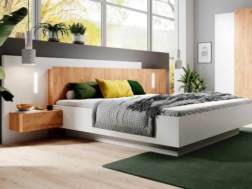 Cama Com Arrumação E Mesas De Cabeceira 160 X 200 Cm, 2 Gavetas, Com Leds, Branco E Natural + Colchão - Francoli