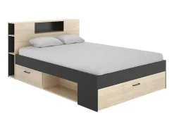 Cama Com Cabeceira De Arrumação E Gavetas Disponivel Em Natural E Antracite - 140X190Cm - Leandre